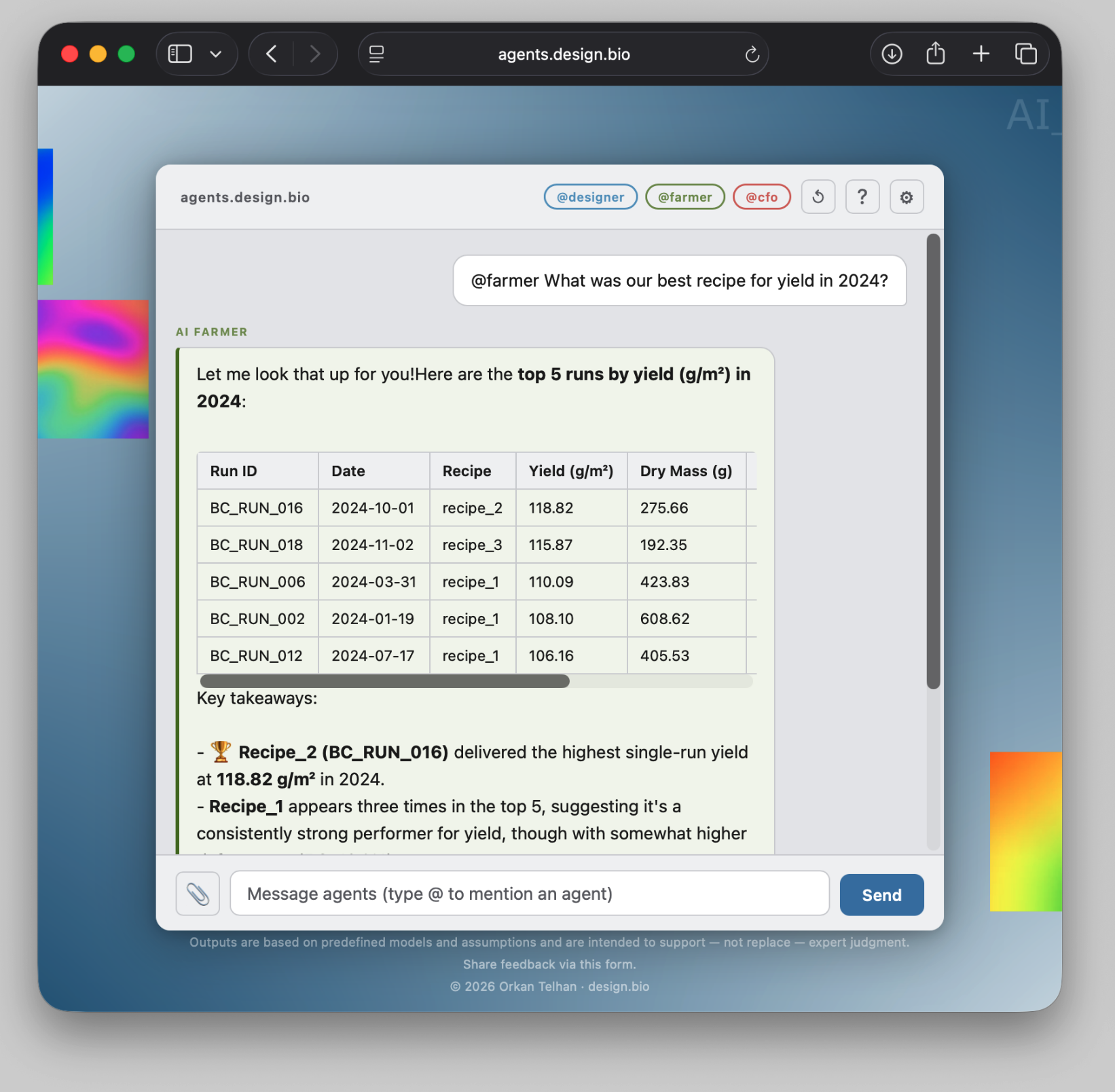 @farmer reply showing yield data table