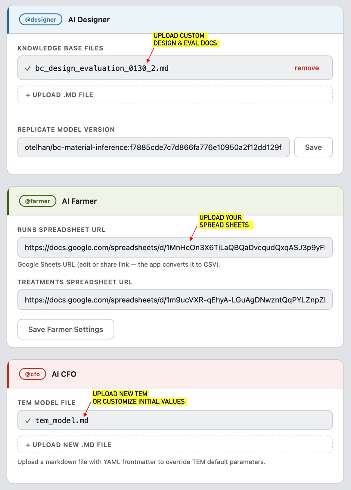 Settings page showing all three agent sections